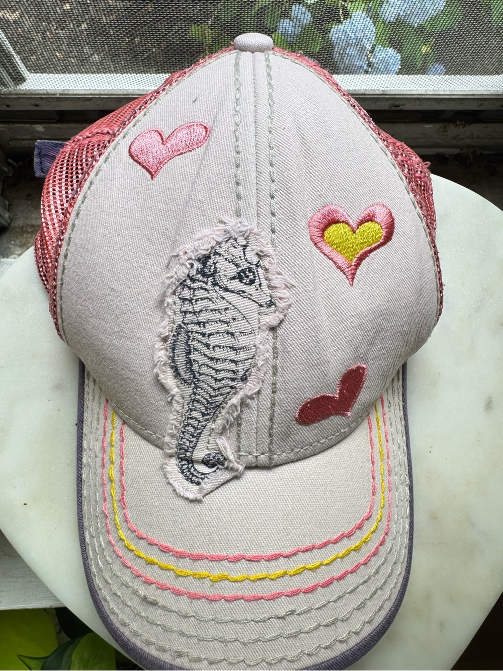 Pistol Designs Women’s Seahorse Heart Distressed Trucker Hat Pink Y2K Retro OS
